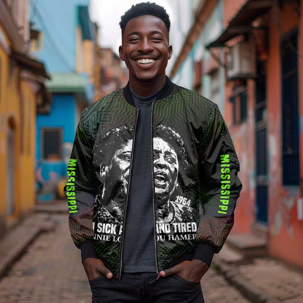 Fannie Lou Hamer Bomber Jacket Im Sick and Tired Quote Design Bold Portrait and Civil Rights Movement Tribute - African Pride