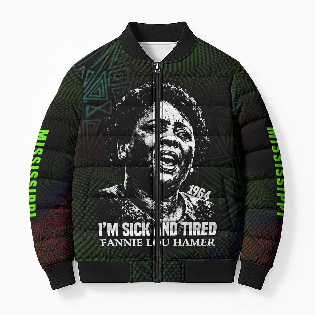 Fannie Lou Hamer Bomber Puffer Jacket Im Sick and Tired Quote Design Bold Portrait and Civil Rights Movement Tribute - African Pride