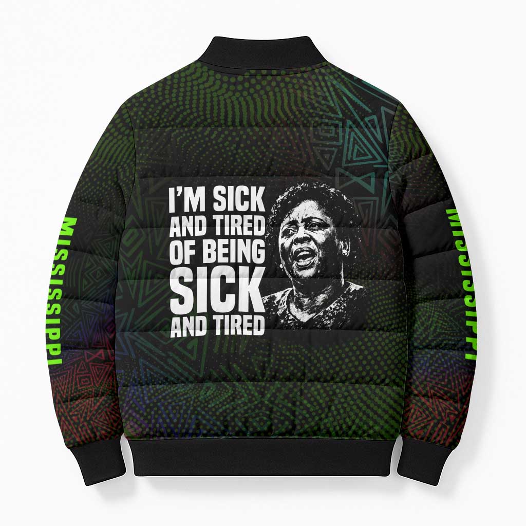 Fannie Lou Hamer Bomber Puffer Jacket Im Sick and Tired Quote Design Bold Portrait and Civil Rights Movement Tribute - African Pride