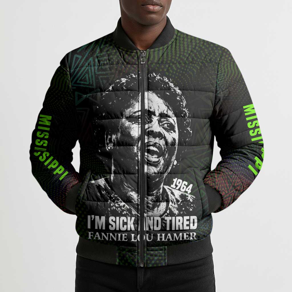 Fannie Lou Hamer Bomber Puffer Jacket Im Sick and Tired Quote Design Bold Portrait and Civil Rights Movement Tribute - African Pride