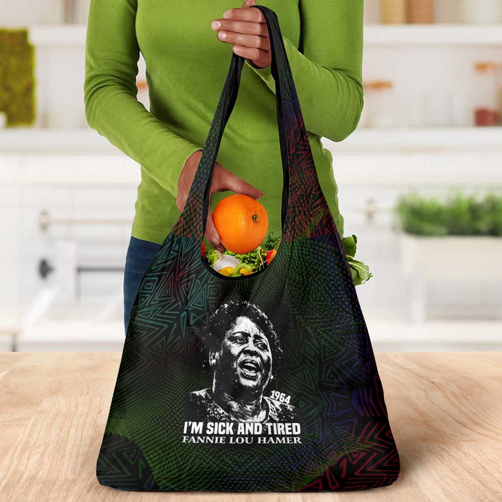 Fannie Lou Hamer Grocery Bag Im Sick and Tired Quote Design Bold Portrait and Civil Rights Movement Tribute - African Pride