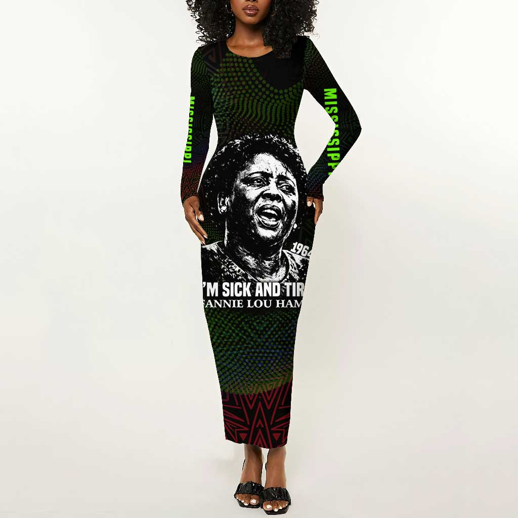 Fannie Lou Hamer Long Sleeve Bodycon Dress Im Sick and Tired Quote Design Bold Portrait and Civil Rights Movement Tribute - African Pride