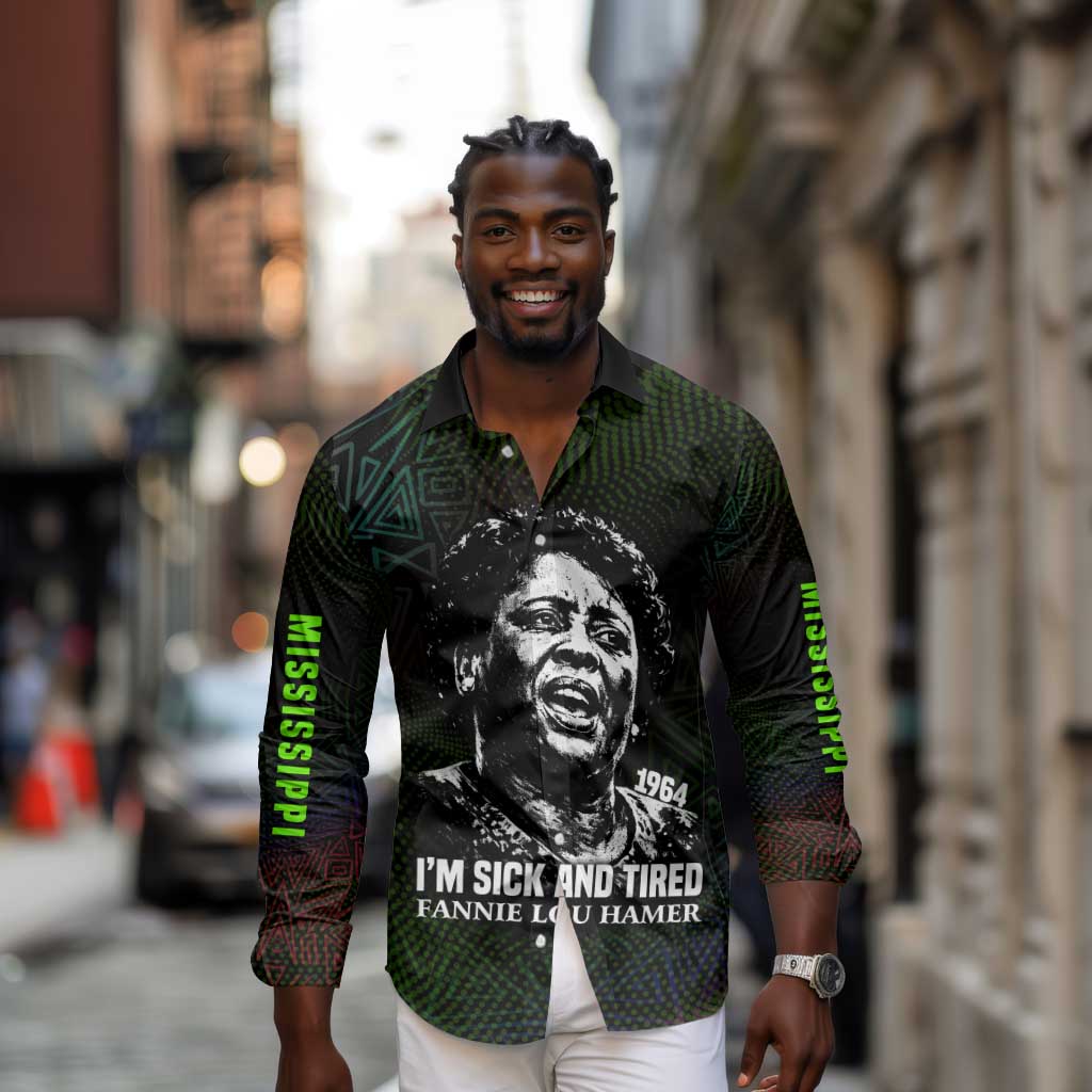 Fannie Lou Hamer Long Sleeve Button Shirt Im Sick and Tired Quote Design Bold Portrait and Civil Rights Movement Tribute - African Pride