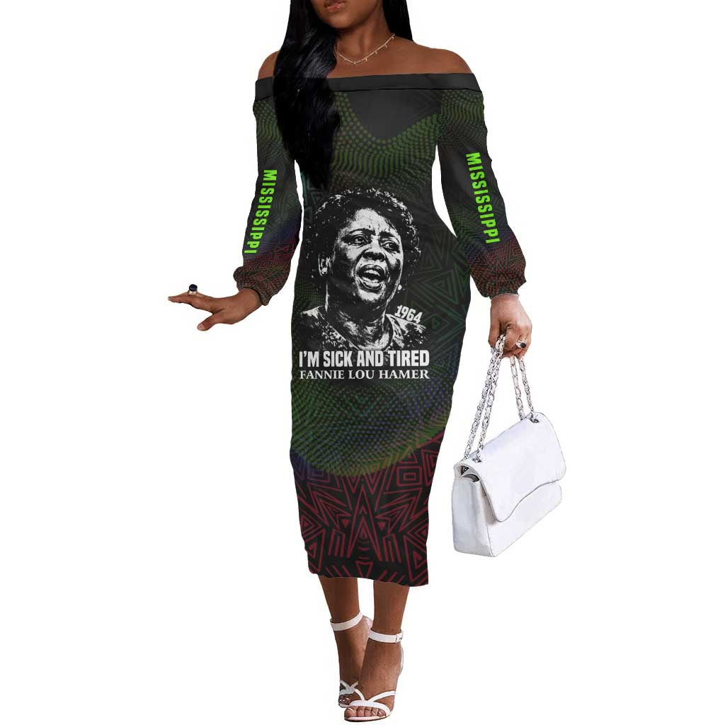 Fannie Lou Hamer Off The Shoulder Long Sleeve Dress Im Sick and Tired Quote Design Bold Portrait and Civil Rights Movement Tribute - African Pride