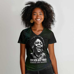 Fannie Lou Hamer Women V-Neck T-Shirt Im Sick and Tired Quote Design Bold Portrait and Civil Rights Movement Tribute - African Pride