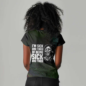 Fannie Lou Hamer Women V-Neck T-Shirt Im Sick and Tired Quote Design Bold Portrait and Civil Rights Movement Tribute - African Pride