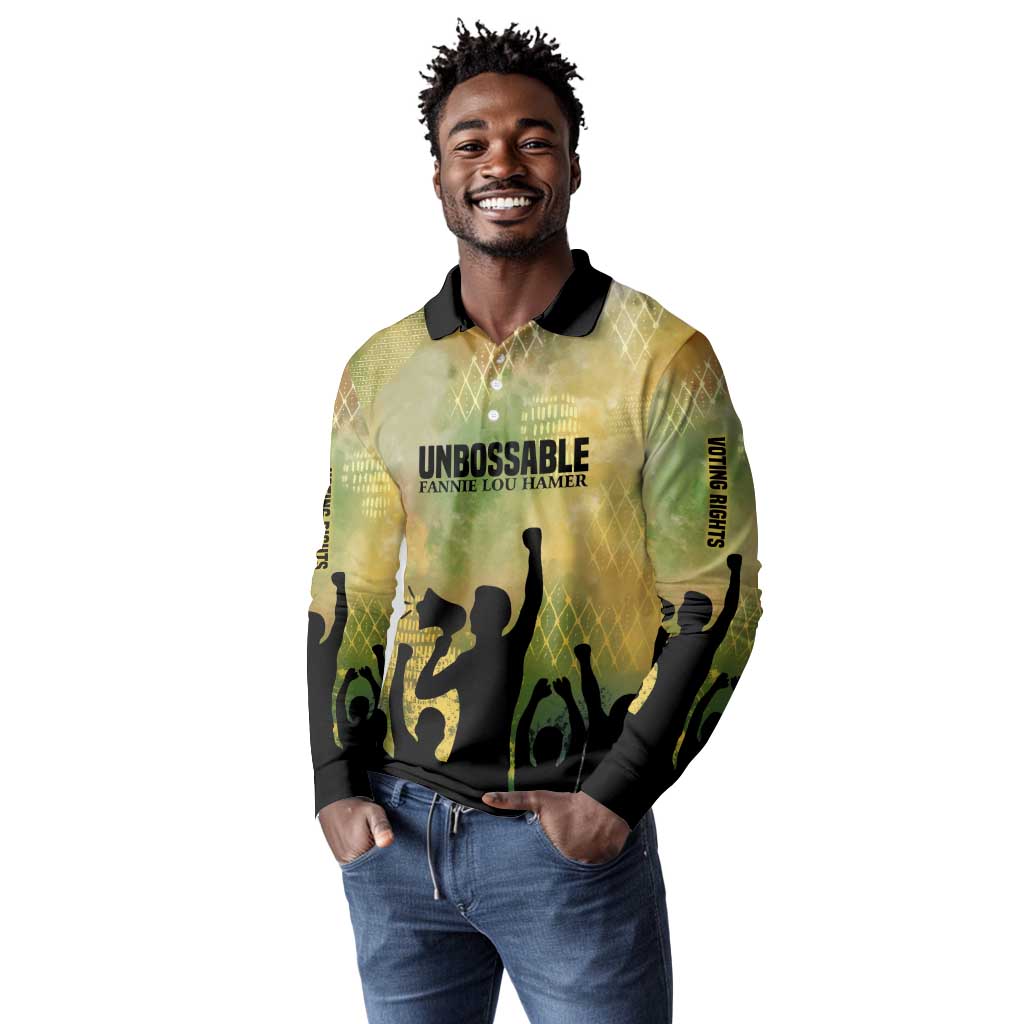 Fannie Lou Hamer Long Sleeve Polo Shirt Unbossable Quote Design Protest Silhouettes and Voting Rights Tribute - African Pride