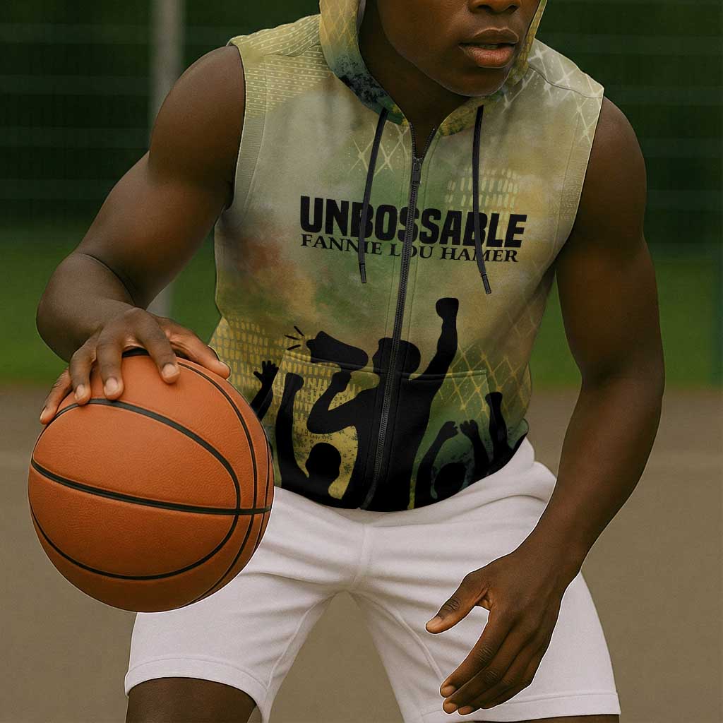 Fannie Lou Hamer Sleeveless Zip Hoodie Unbossable Quote Design Protest Silhouettes and Voting Rights Tribute - African Pride