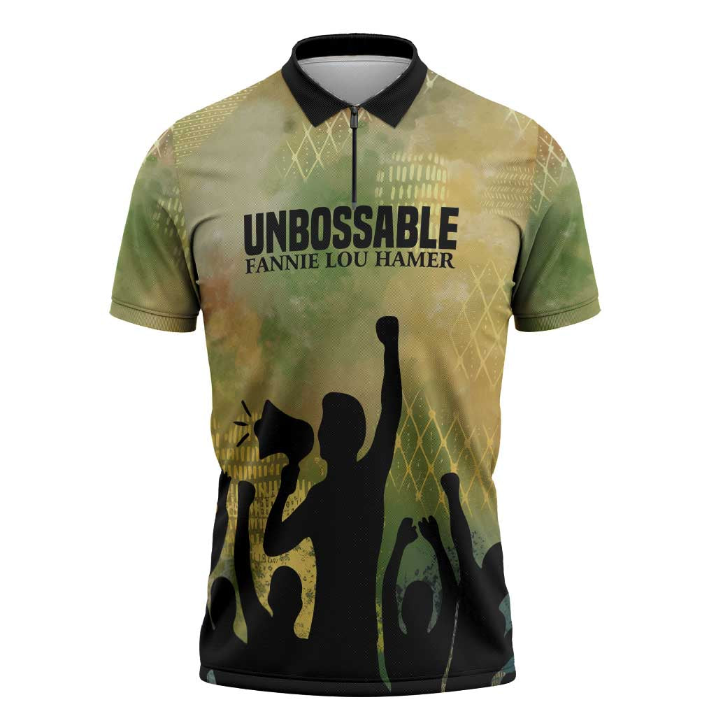 Fannie Lou Hamer Zipper Polo Shirt Unbossable Quote Design Protest Silhouettes and Voting Rights Tribute - African Pride