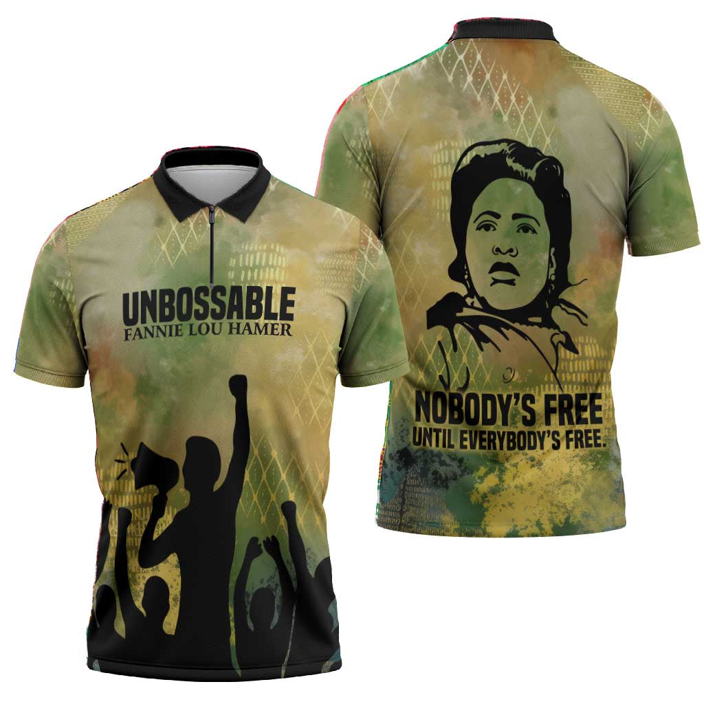 Fannie Lou Hamer Zipper Polo Shirt Unbossable Quote Design Protest Silhouettes and Voting Rights Tribute - African Pride