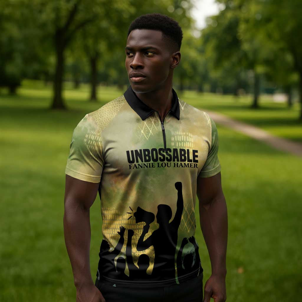 Fannie Lou Hamer Zipper Polo Shirt Unbossable Quote Design Protest Silhouettes and Voting Rights Tribute - African Pride