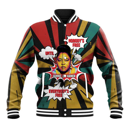 Fannie Lou Hamer Baseball Jacket with Pop Art Comic Style Design Bold Quote and Civil Rights Tribute - African Pride