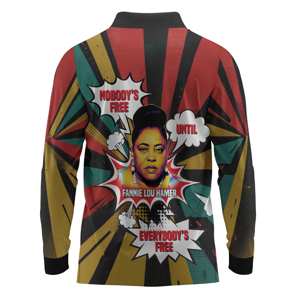 Fannie Lou Hamer Long Sleeve Polo Shirt with Pop Art Comic Style Design Bold Quote and Civil Rights Tribute - African Pride