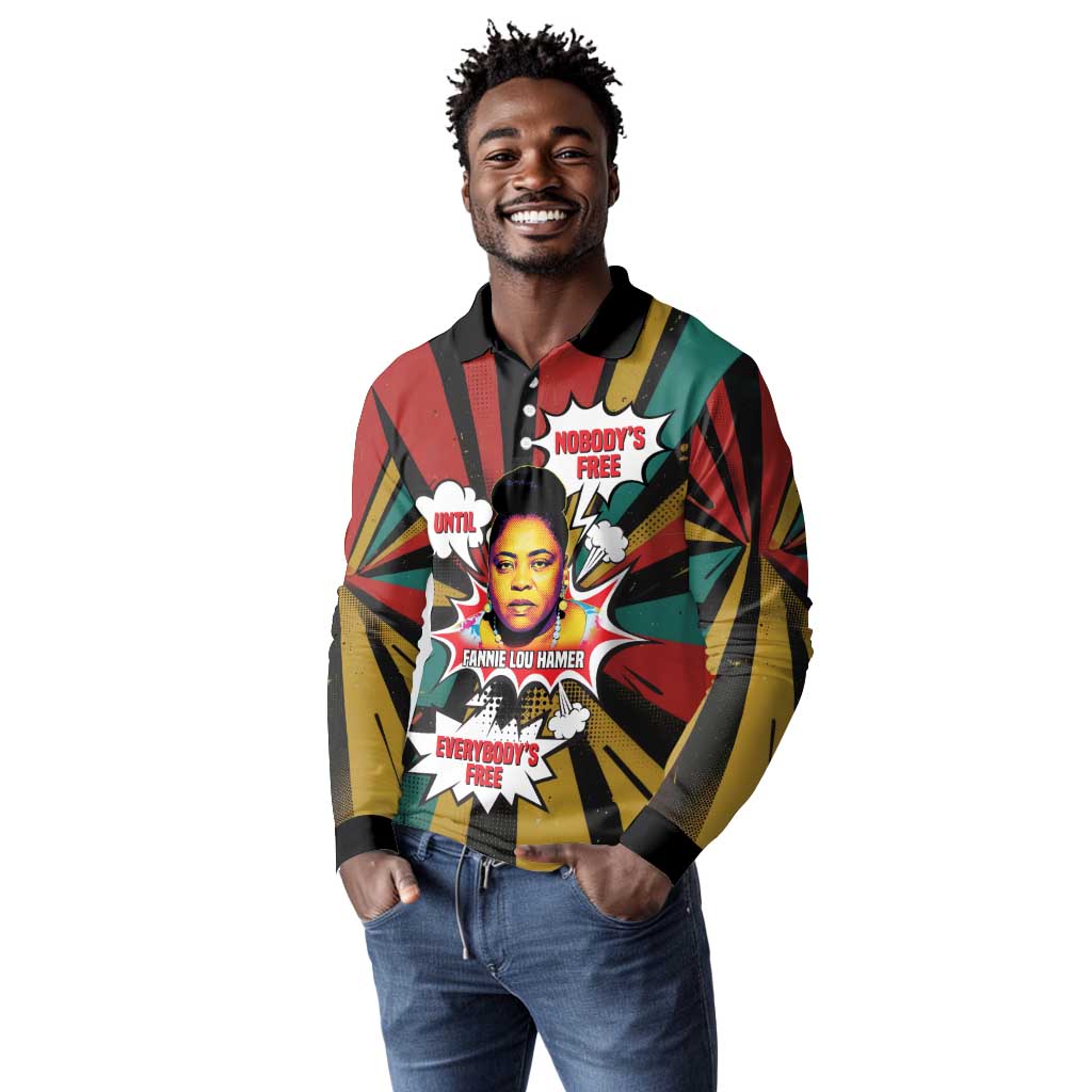 Fannie Lou Hamer Long Sleeve Polo Shirt with Pop Art Comic Style Design Bold Quote and Civil Rights Tribute - African Pride