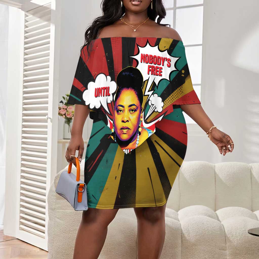 Fannie Lou Hamer Off Shoulder Short Dress with Pop Art Comic Style Design Bold Quote and Civil Rights Tribute - African Pride