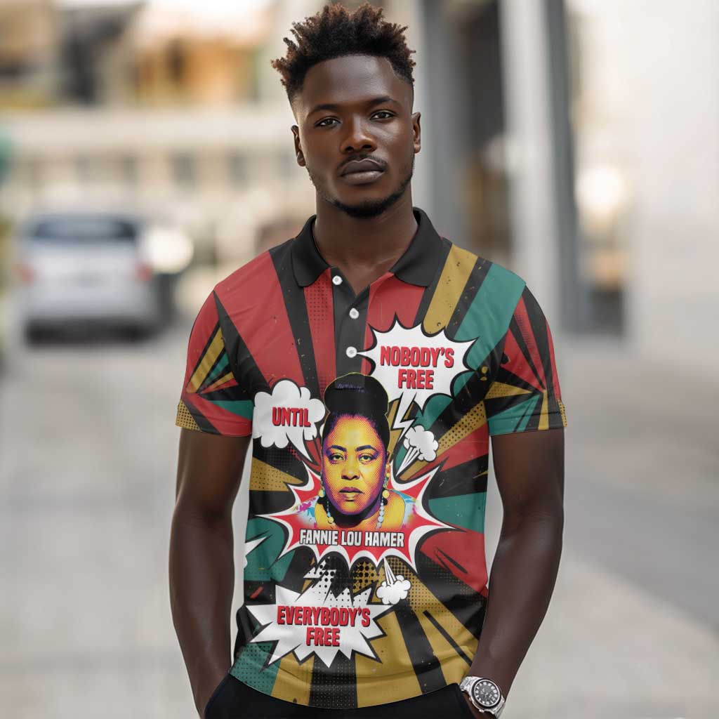 Fannie Lou Hamer Polo Shirt with Pop Art Comic Style Design Bold Quote and Civil Rights Tribute - African Pride