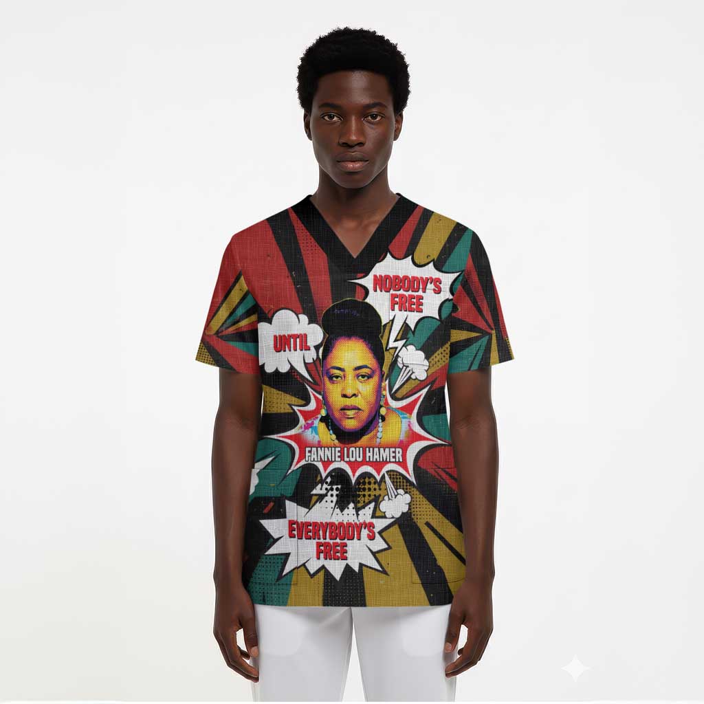 Fannie Lou Hamer Scrub Top with Pop Art Comic Style Design Bold Quote and Civil Rights Tribute - African Pride