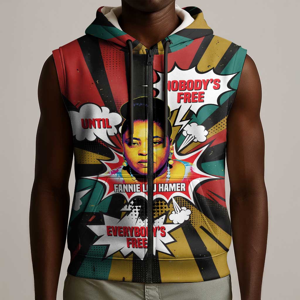 Fannie Lou Hamer Sleeveless Zip Hoodie with Pop Art Comic Style Design Bold Quote and Civil Rights Tribute - African Pride
