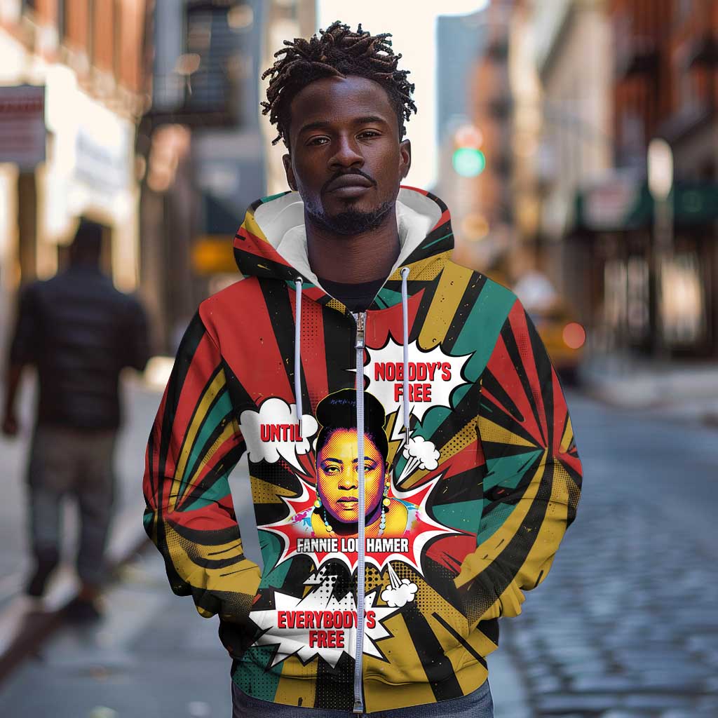 Fannie Lou Hamer Zip Hoodie with Pop Art Comic Style Design Bold Quote and Civil Rights Tribute - African Pride