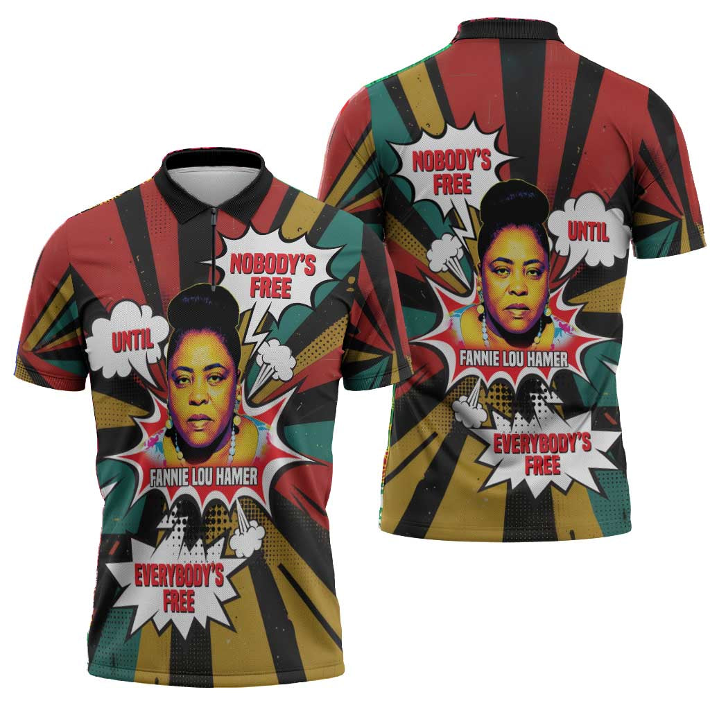 Fannie Lou Hamer Zipper Polo Shirt with Pop Art Comic Style Design Bold Quote and Civil Rights Tribute - African Pride