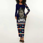 Kwame Nkrumah Long Sleeve Bodycon Dress Ghana Pan-African Print Design Portrait and Anti-Colonial Legacy Tribute - African Pride
