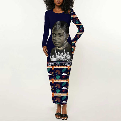 Kwame Nkrumah Long Sleeve Bodycon Dress Ghana Pan-African Print Design Portrait and Anti-Colonial Legacy Tribute - African Pride