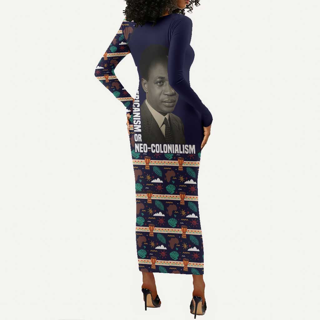 Kwame Nkrumah Long Sleeve Bodycon Dress Ghana Pan-African Print Design Portrait and Anti-Colonial Legacy Tribute - African Pride