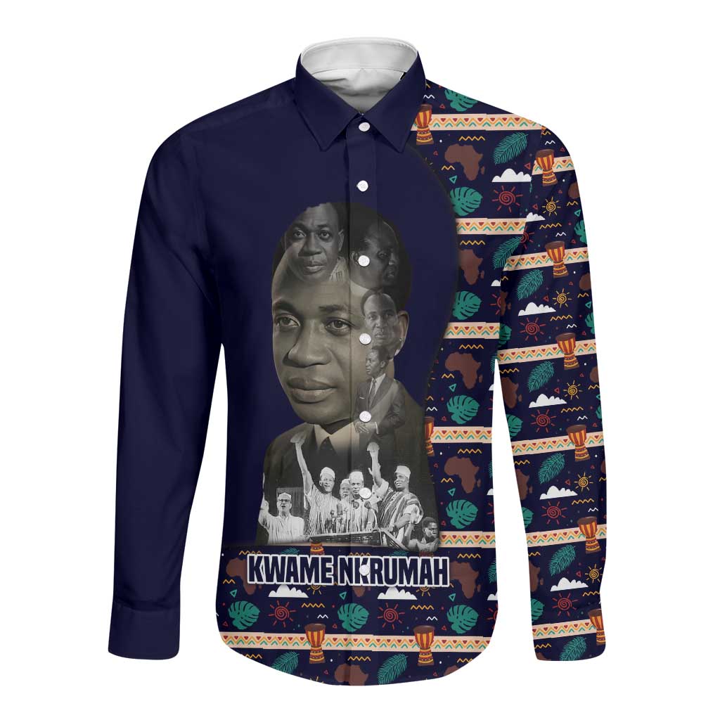 Kwame Nkrumah Long Sleeve Button Shirt Ghana Pan-African Print Design Portrait and Anti-Colonial Legacy Tribute - African Pride