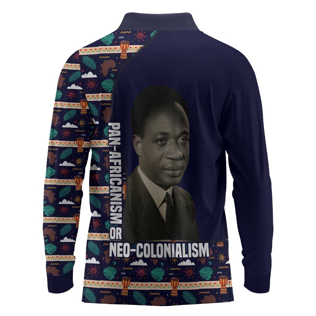 Kwame Nkrumah Long Sleeve Polo Shirt Ghana Pan-African Print Design Portrait and Anti-Colonial Legacy Tribute - African Pride