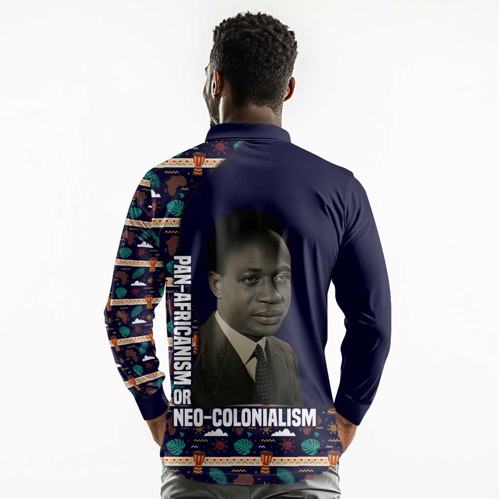 Kwame Nkrumah Long Sleeve Polo Shirt Ghana Pan-African Print Design Portrait and Anti-Colonial Legacy Tribute - African Pride
