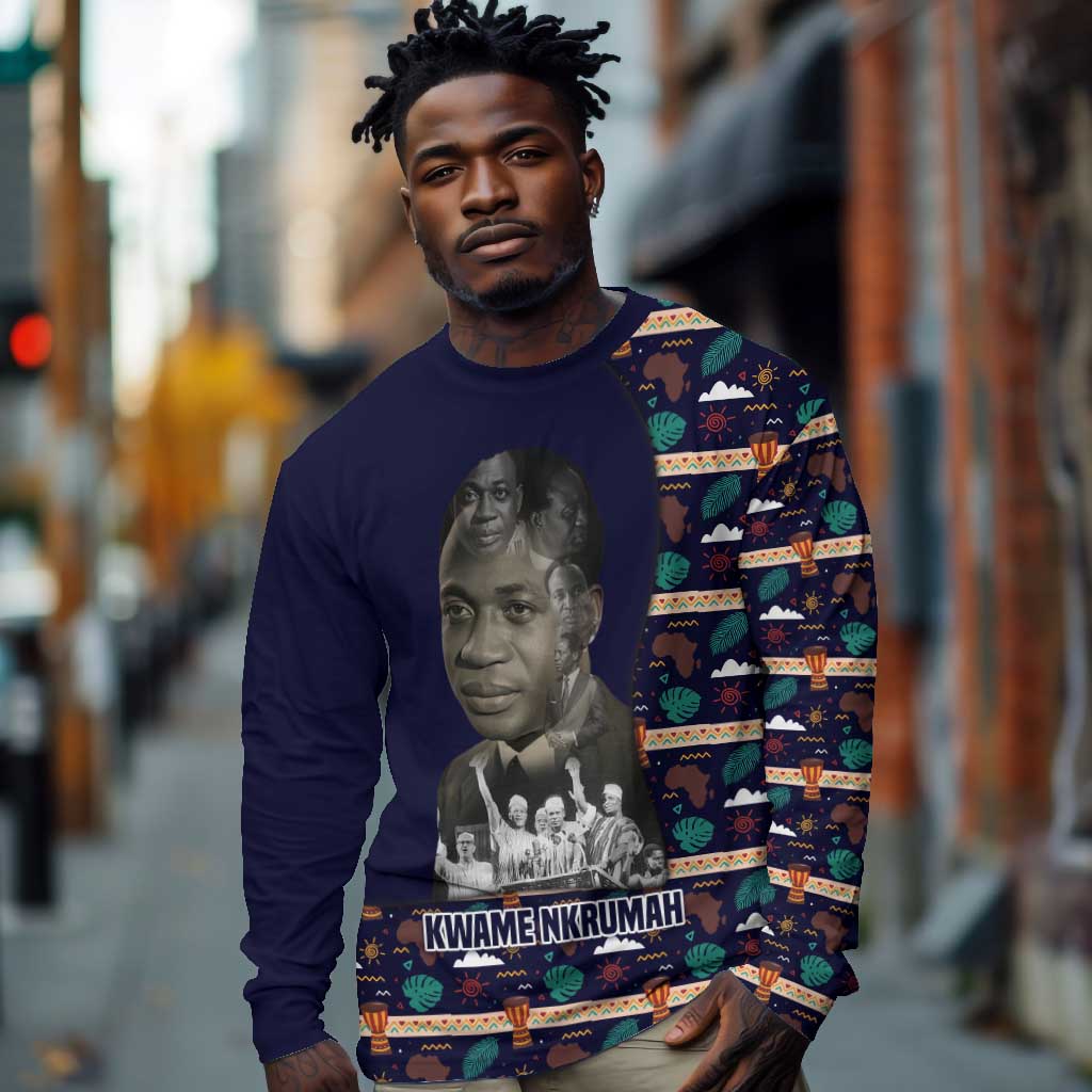 Kwame Nkrumah Long Sleeve Shirt Ghana Pan-African Print Design Portrait and Anti-Colonial Legacy Tribute - African Pride