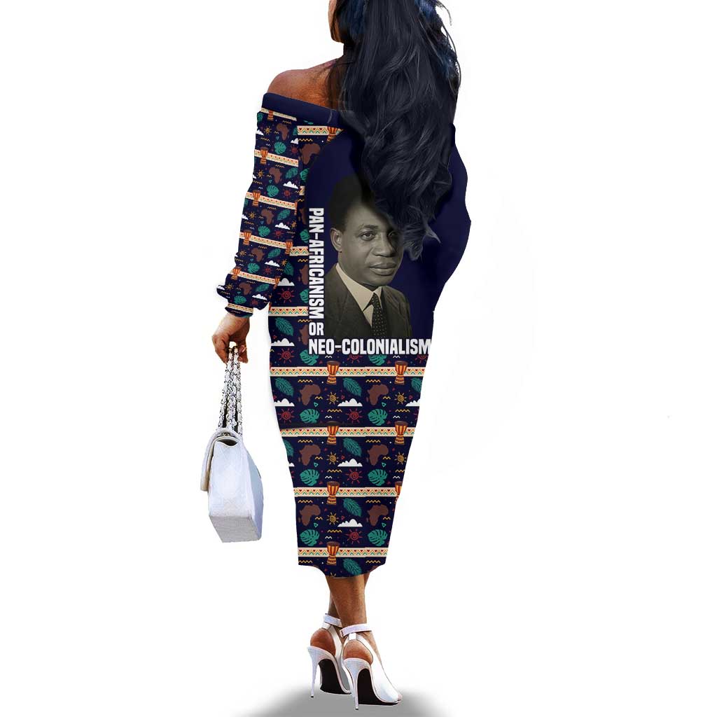 Kwame Nkrumah Off The Shoulder Long Sleeve Dress Ghana Pan-African Print Design Portrait and Anti-Colonial Legacy Tribute - African Pride
