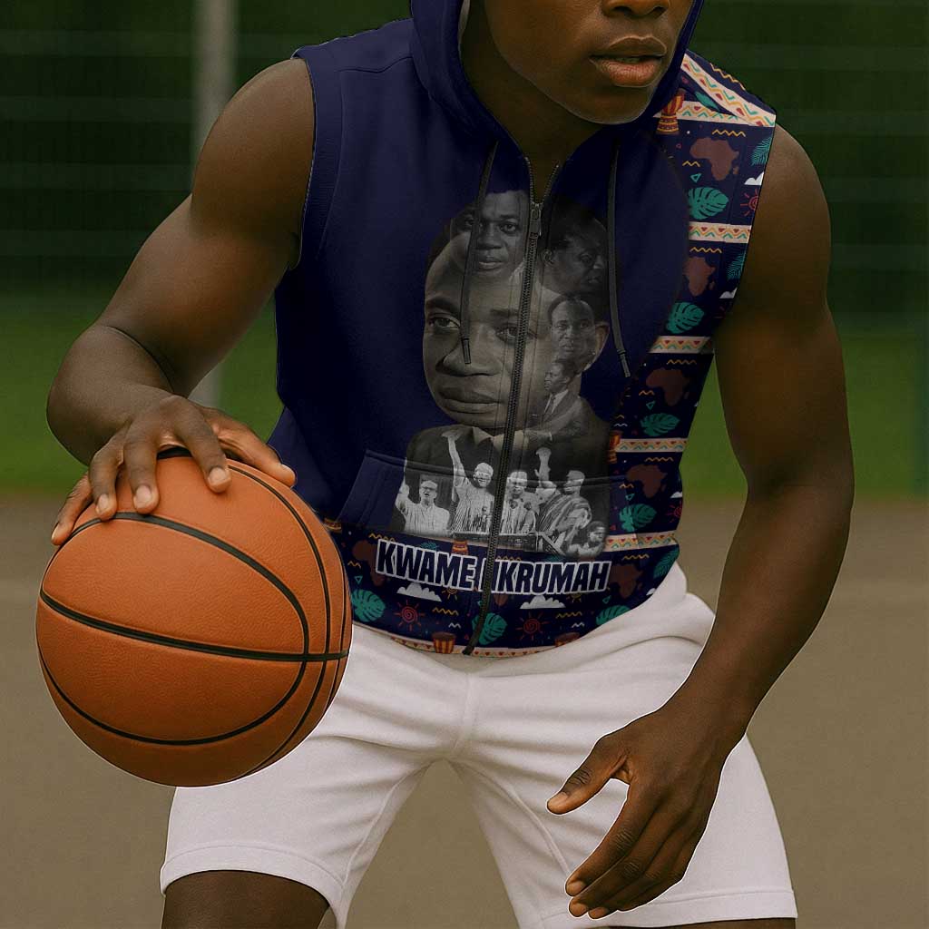 Kwame Nkrumah Sleeveless Zip Hoodie Ghana Pan-African Print Design Portrait and Anti-Colonial Legacy Tribute - African Pride