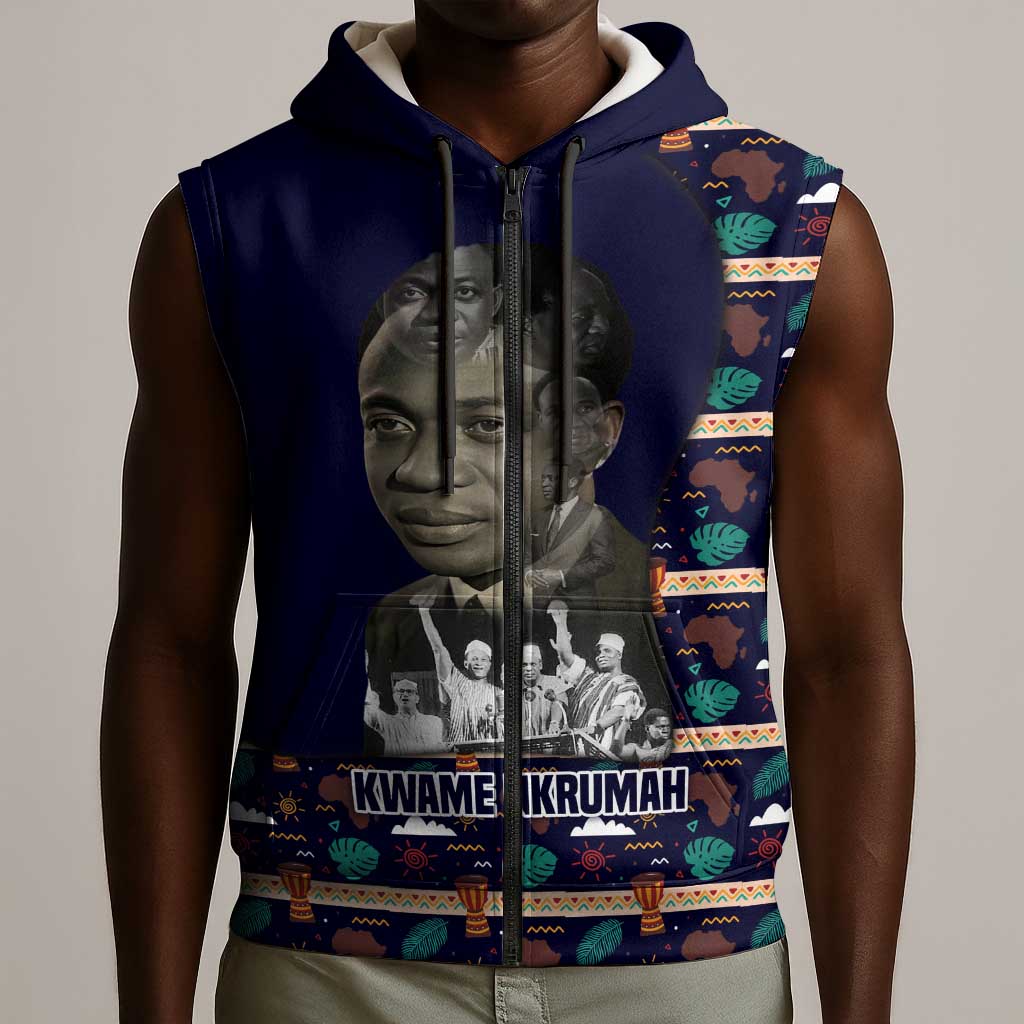 Kwame Nkrumah Sleeveless Zip Hoodie Ghana Pan-African Print Design Portrait and Anti-Colonial Legacy Tribute - African Pride