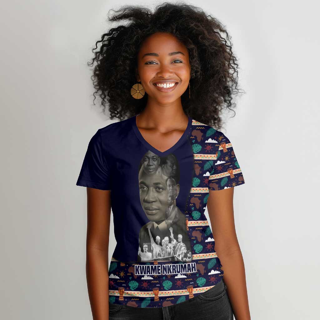 Kwame Nkrumah Women V-Neck T-Shirt Ghana Pan-African Print Design Portrait and Anti-Colonial Legacy Tribute - African Pride