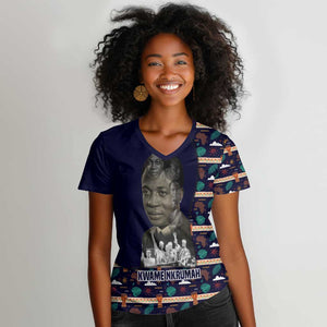 Kwame Nkrumah Women V-Neck T-Shirt Ghana Pan-African Print Design Portrait and Anti-Colonial Legacy Tribute - African Pride