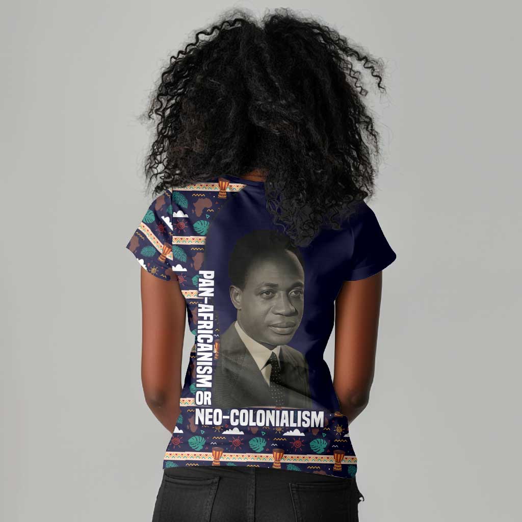 Kwame Nkrumah Women V-Neck T-Shirt Ghana Pan-African Print Design Portrait and Anti-Colonial Legacy Tribute - African Pride