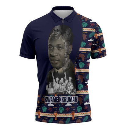 Kwame Nkrumah Zipper Polo Shirt Ghana Pan-African Print Design Portrait and Anti-Colonial Legacy Tribute - African Pride