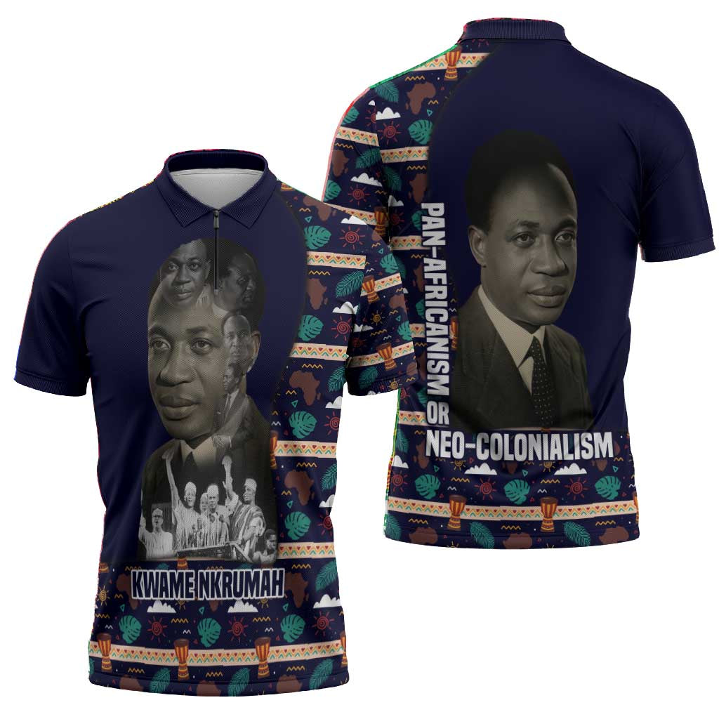 Kwame Nkrumah Zipper Polo Shirt Ghana Pan-African Print Design Portrait and Anti-Colonial Legacy Tribute - African Pride