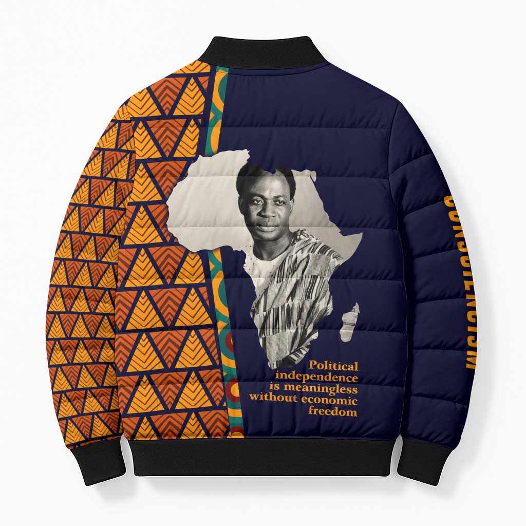 Kwame Nkrumah Ghana Bomber Puffer Jacket African Map Pattern Design and Economic Freedom Quote Tribute - African Pride