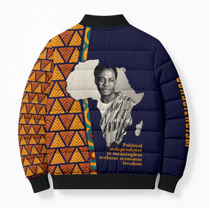 Kwame Nkrumah Ghana Bomber Puffer Jacket African Map Pattern Design and Economic Freedom Quote Tribute - African Pride