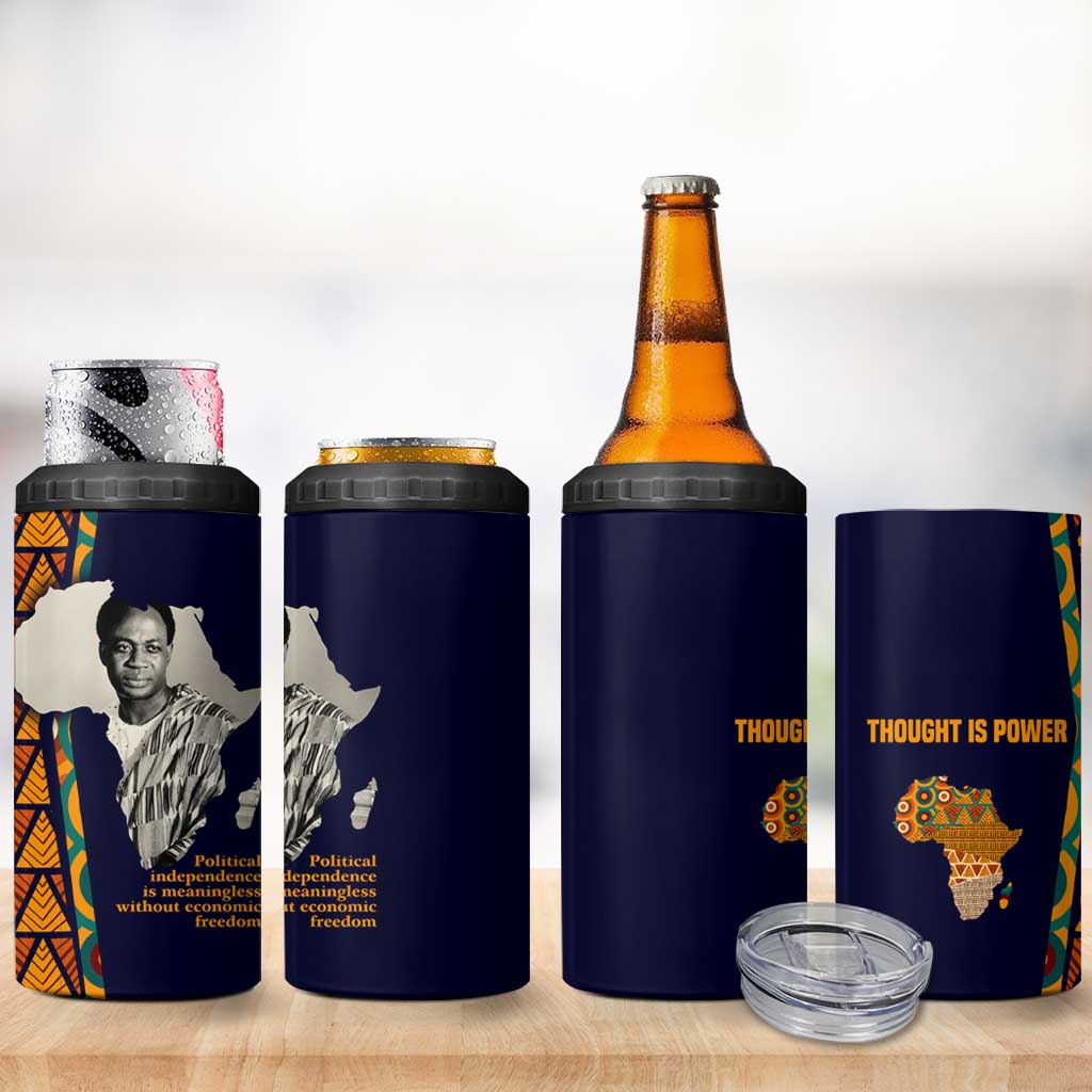 Kwame Nkrumah Ghana 4 in 1 Can Cooler Tumbler African Map Pattern Design and Economic Freedom Quote Tribute - African Pride