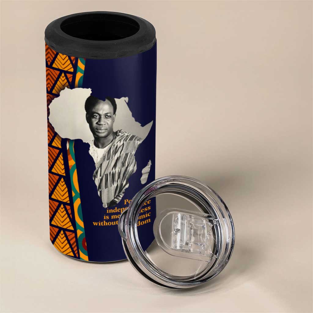 Kwame Nkrumah Ghana 4 in 1 Can Cooler Tumbler African Map Pattern Design and Economic Freedom Quote Tribute - African Pride