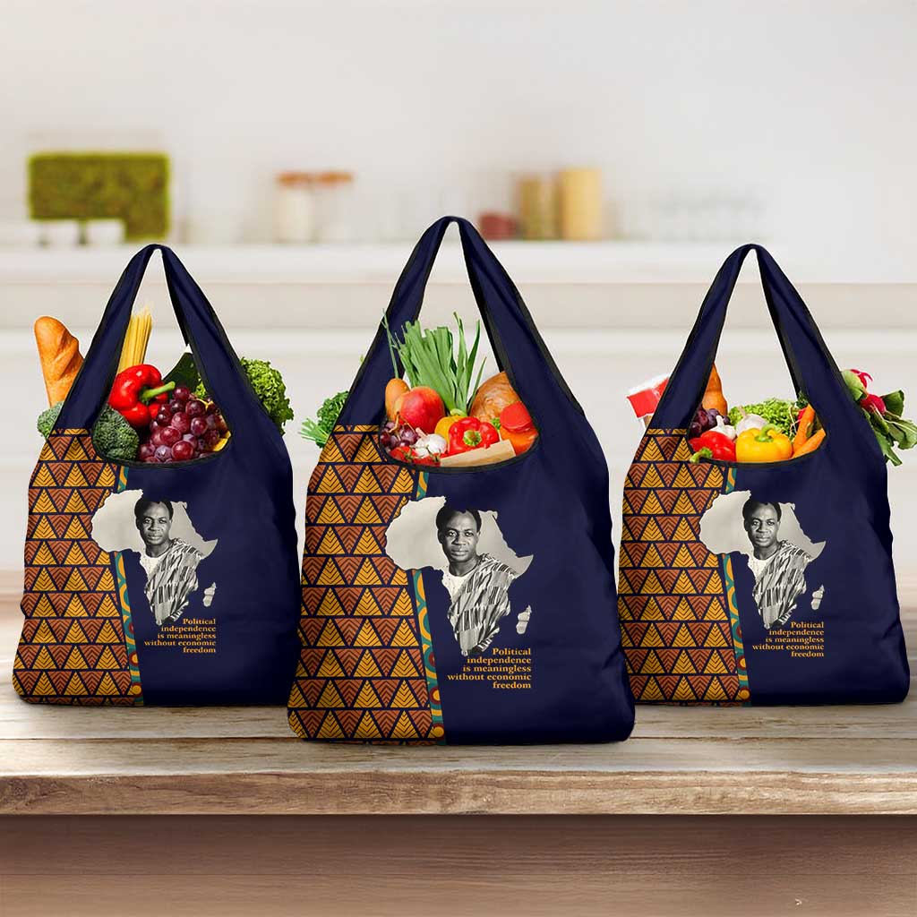 Kwame Nkrumah Ghana Grocery Bag African Map Pattern Design and Economic Freedom Quote Tribute - African Pride