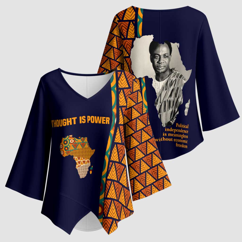 Kwame Nkrumah Ghana Kimono Sleeve Blouse African Map Pattern Design and Economic Freedom Quote Tribute - African Pride