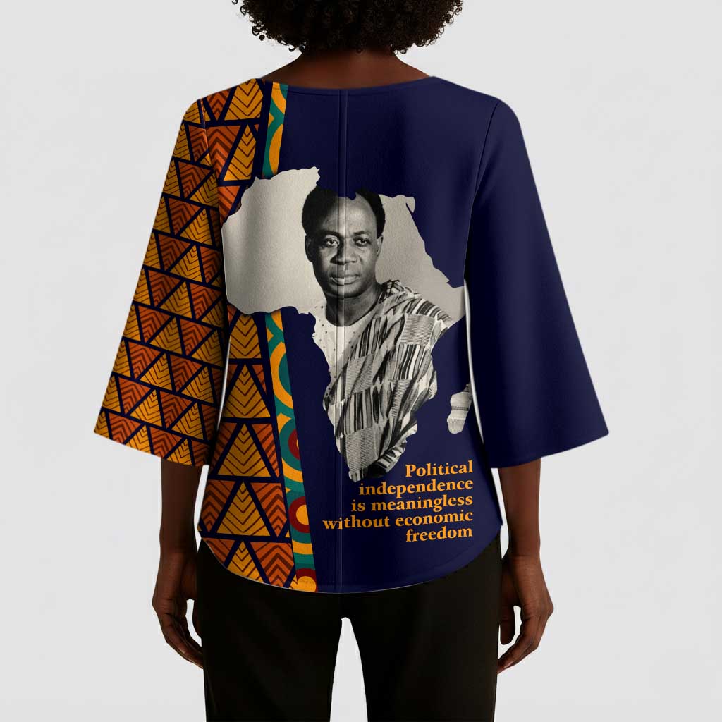 Kwame Nkrumah Ghana Kimono Sleeve Blouse African Map Pattern Design and Economic Freedom Quote Tribute - African Pride