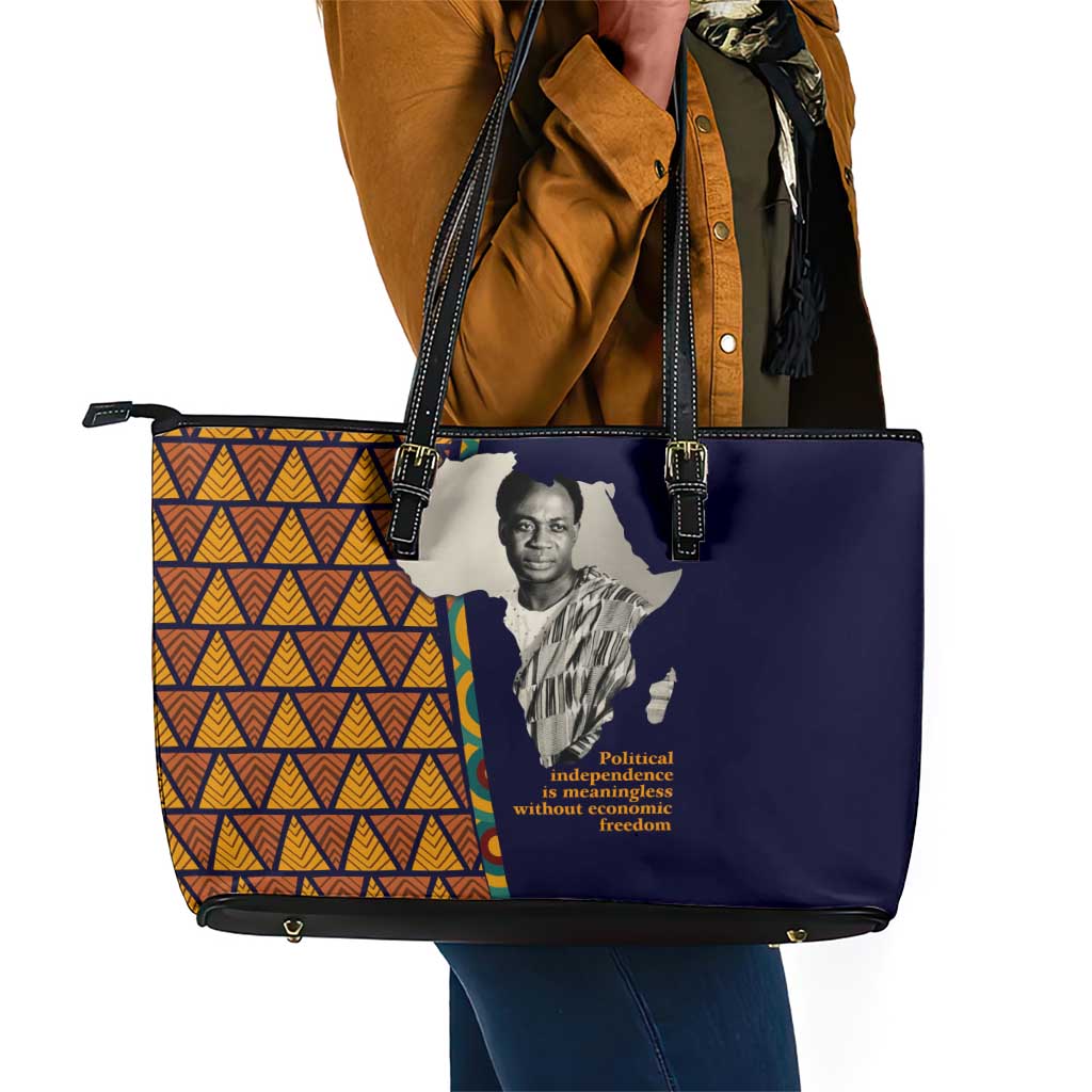 Kwame Nkrumah Ghana Leather Tote Bag African Map Pattern Design and Economic Freedom Quote Tribute - African Pride