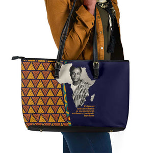 Kwame Nkrumah Ghana Leather Tote Bag African Map Pattern Design and Economic Freedom Quote Tribute - African Pride