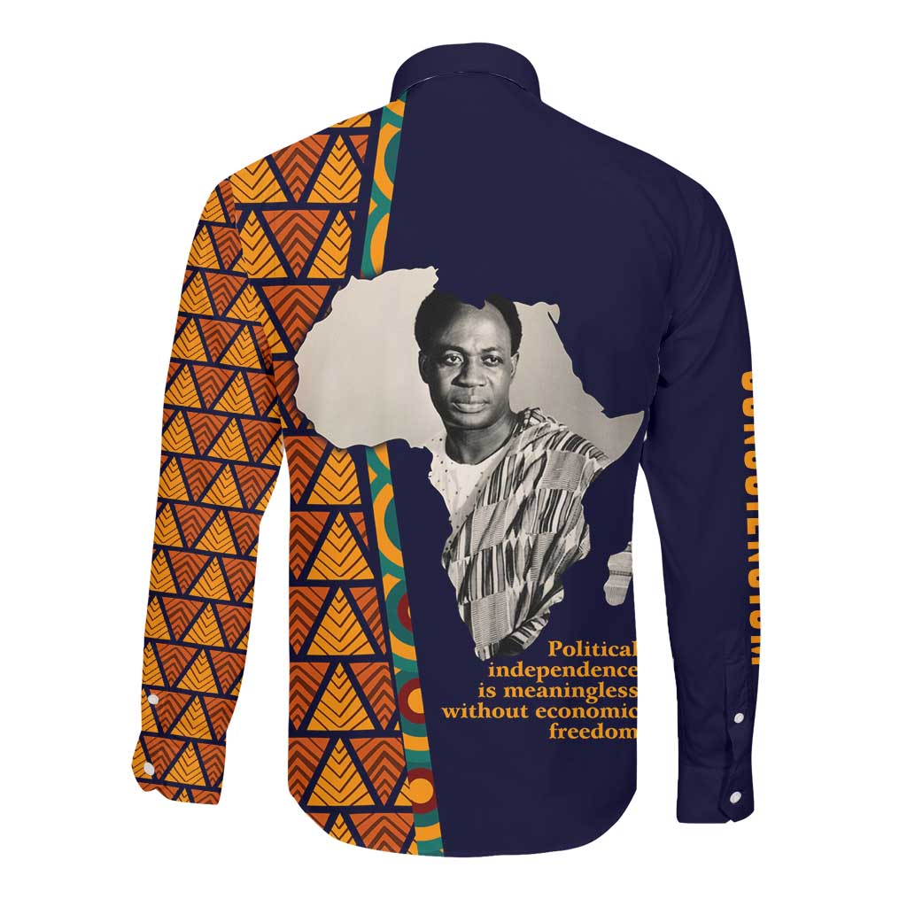 Kwame Nkrumah Ghana Long Sleeve Button Shirt African Map Pattern Design and Economic Freedom Quote Tribute - African Pride
