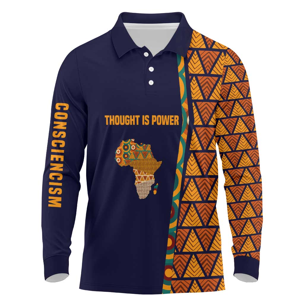 Kwame Nkrumah Ghana Long Sleeve Polo Shirt African Map Pattern Design and Economic Freedom Quote Tribute - African Pride